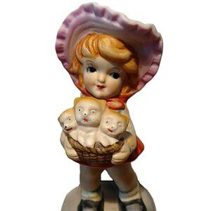 Vintage Ceramic Girl in Bonnet with Basket of Animal Babies Puppies
